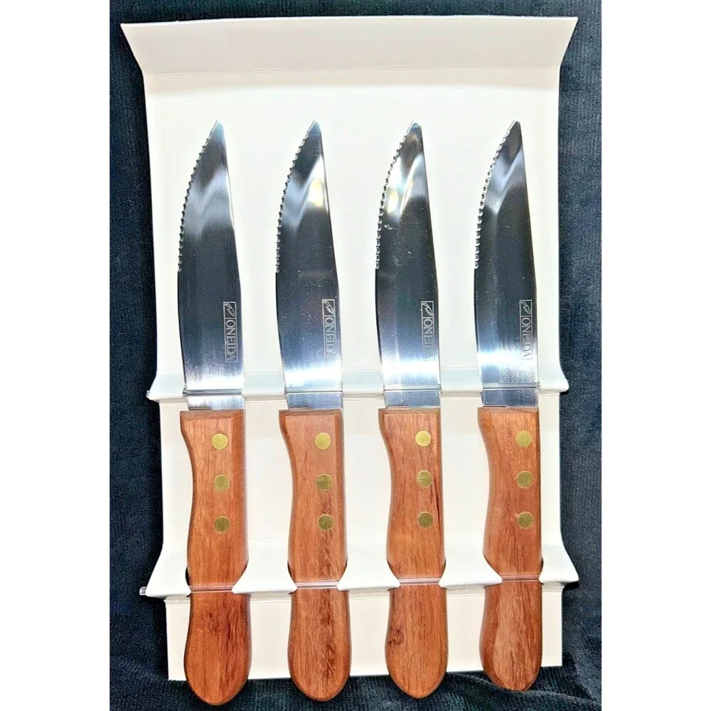 4  NIB Oneida Jumbo Steak Knives Wood Handles Stainless Serrated Blades